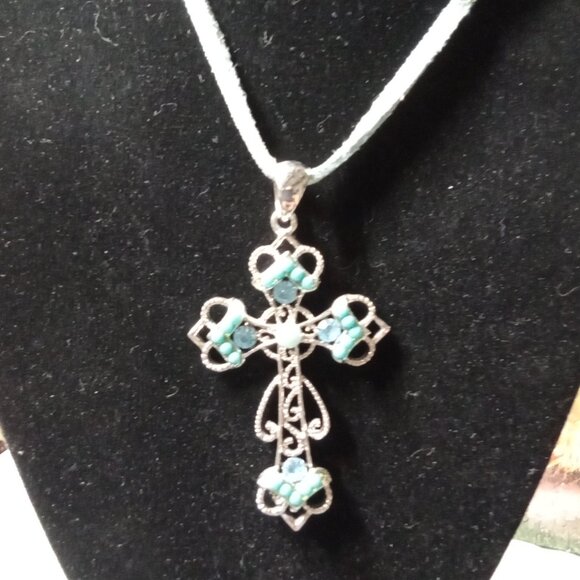 Vintage Blue / Silver Cross Pendant on a Leather Necklace - Picture 1 of 3